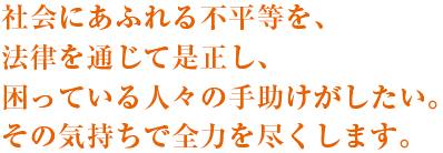 社会にあふれる不平等を、法律を通じて是正し、困っている人々の手助けがしたい。その気持ちで全力を尽くします。